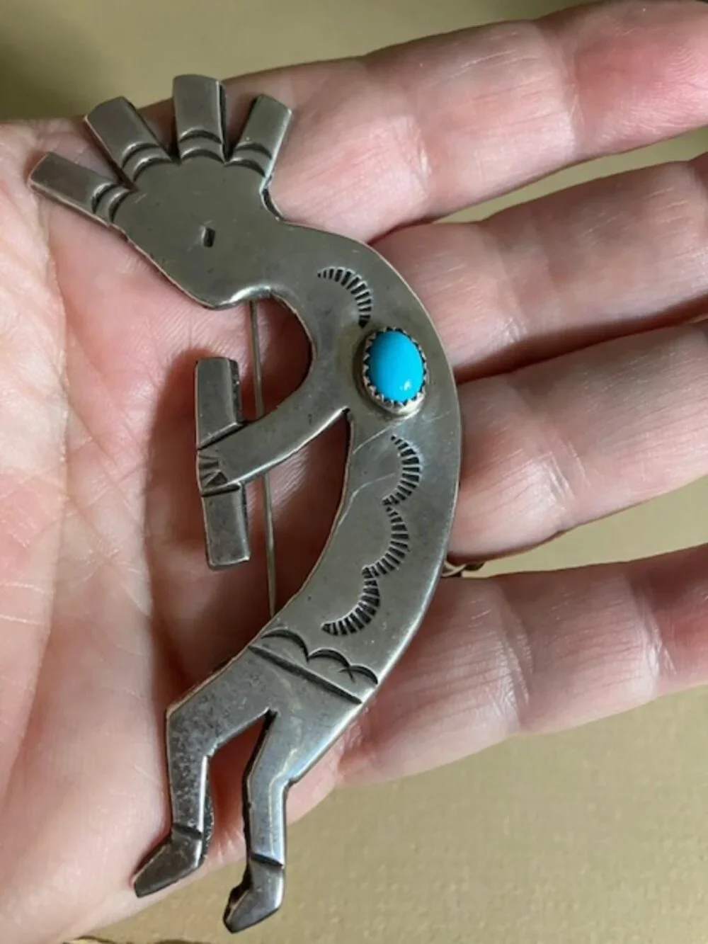 Vintage Navajo Extra Large Sterling Turquoise Kokopelli Pin Brooch